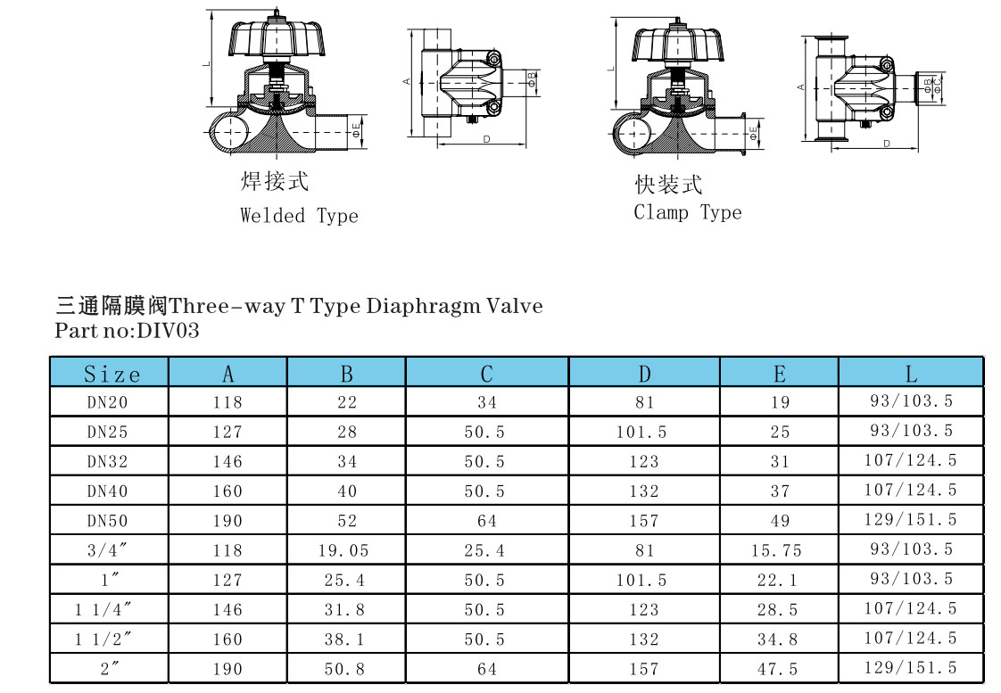 Stainless Steel Sanitary 3 Way Diaphragm Valves T Branch Type from ...